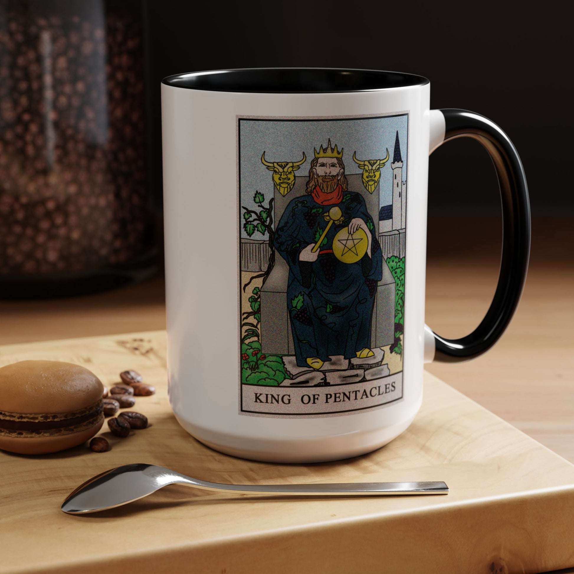 King of Pentacles Tarot Card Coffee Mug - Double Sided Black Accent White Ceramic 15oz by TheGlassyLass.com