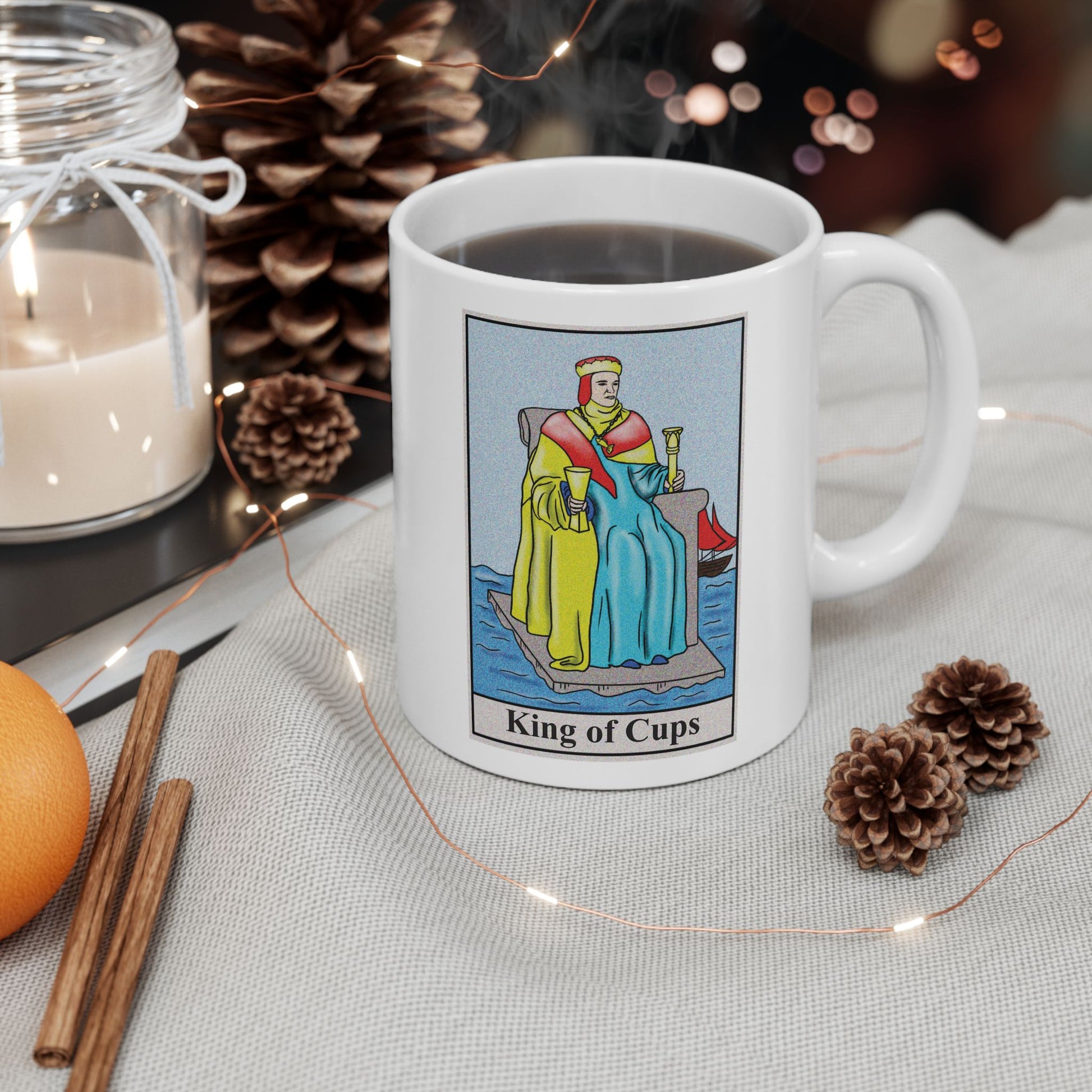 King of Cups Tarot Card Coffee Mug - Double Sided Print, White Ceramic, 11oz by TheGlassyLass.com