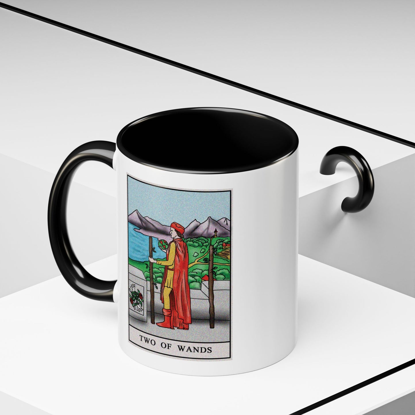 Two of Wands Tarot Card Coffee Mug - Double Sided Print, Black Accent White Ceramic, 11oz by TheGlassyLass.com