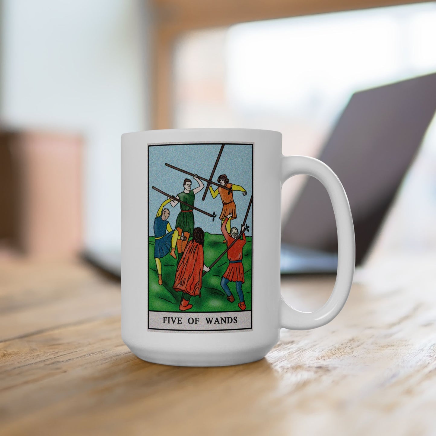 Five of Wands Tarot Card Coffee Mug - Double Sided White Ceramic 15oz by TheGlassyLass.com