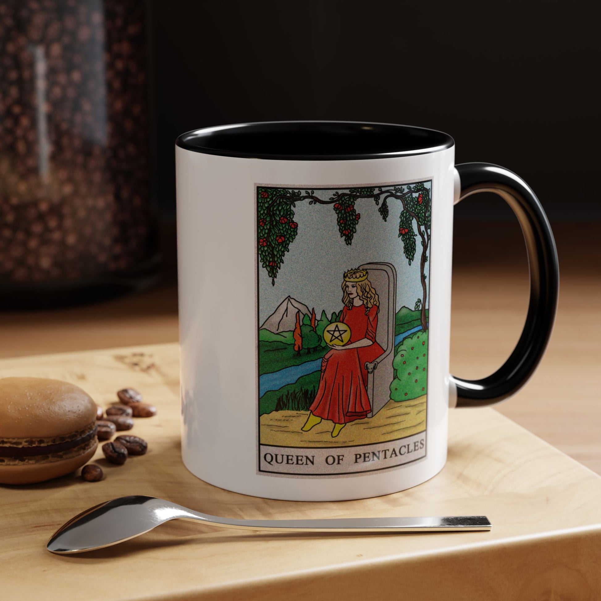 Queen of Pentacles Tarot Card Coffee Mug - Double Sided Print, Black Accent White Ceramic, 11oz by TheGlassyLass.com