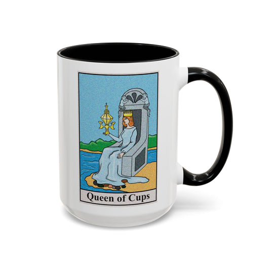 Queen of Cups Tarot Card Coffee Mug - Double Sided Black Accent White Ceramic 15oz by TheGlassyLass.com