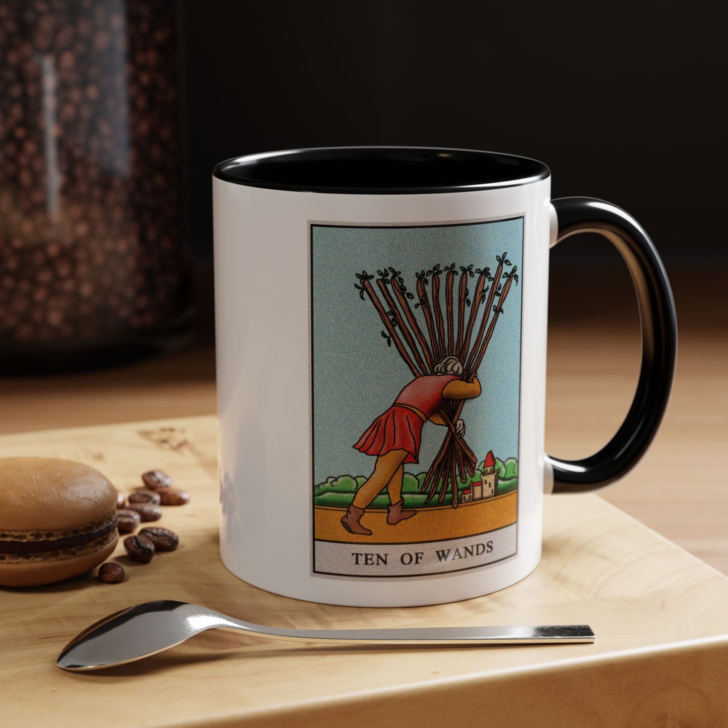 Ten of Wands Tarot Card Coffee Mug - Double Sided Print, Black Accent White Ceramic, 11oz by TheGlassyLass.com