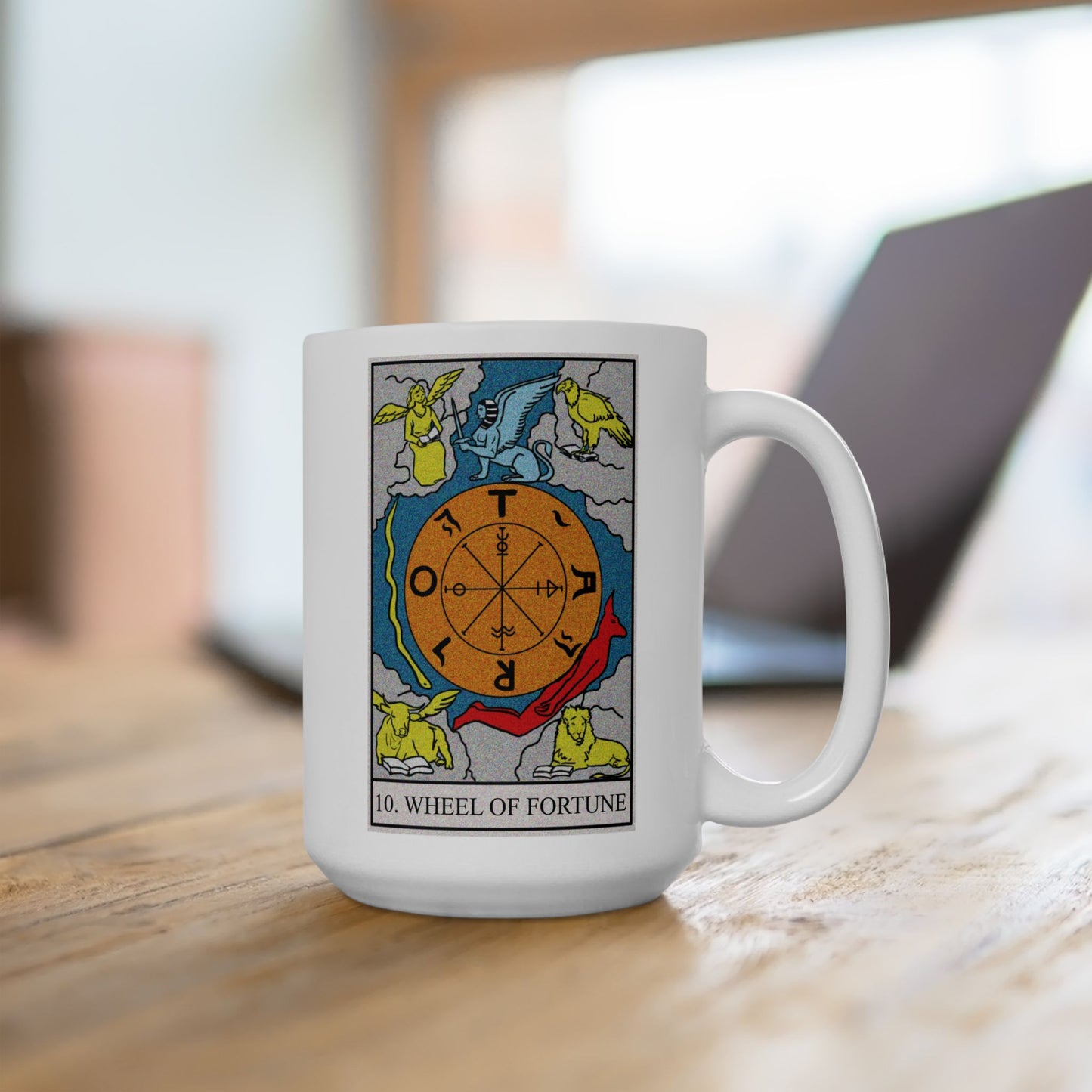 The Wheel of Fortune Tarot Card Coffee Mug - Double Sided White Ceramic 15oz by TheGlassyLass.com