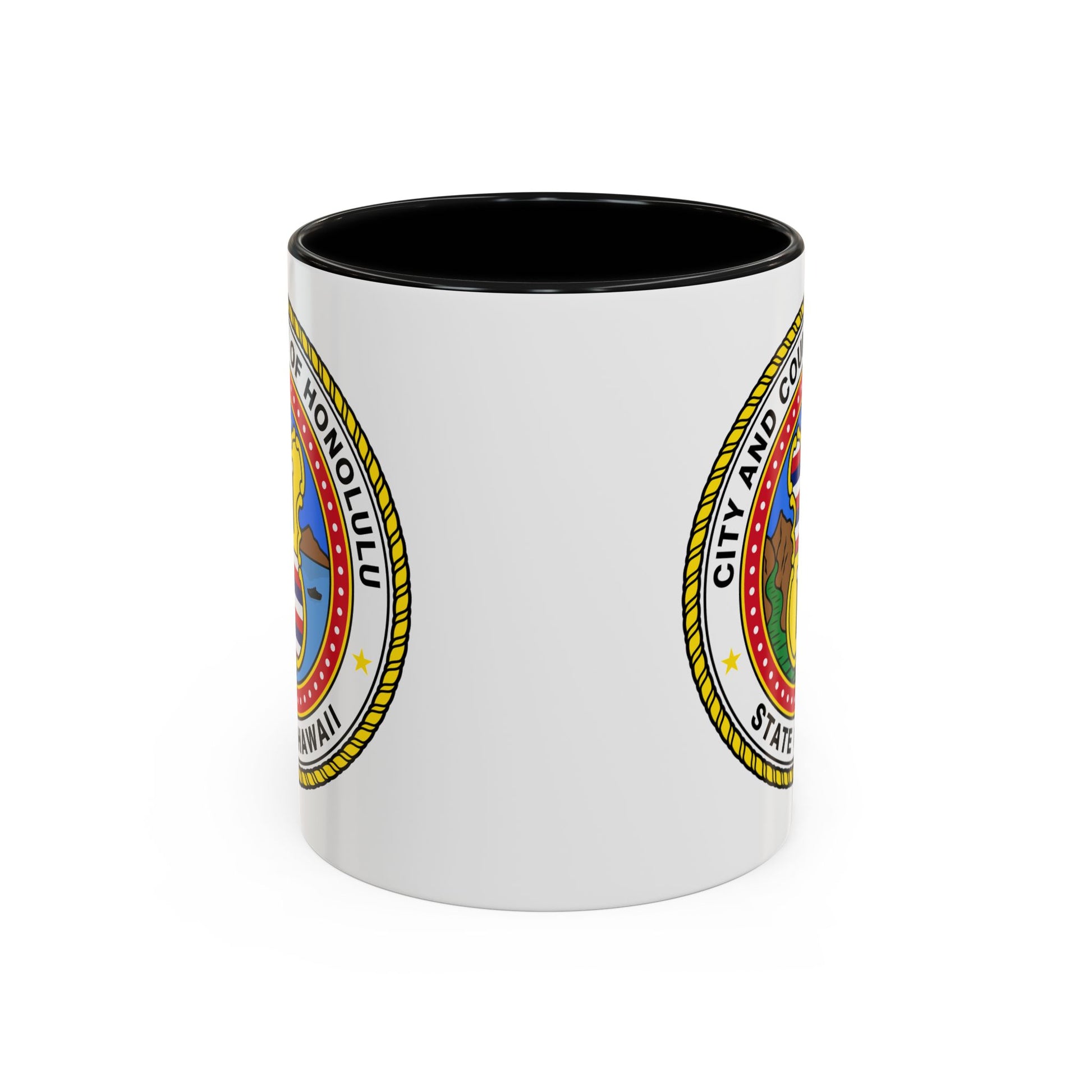 Honolulu City / County Seal Coffee Mug - Double Sided Print, Black Accent White Ceramic, 11oz by TheGlassyLass.com
