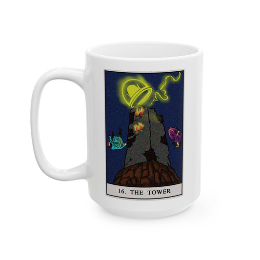 The Tower Tarot Card Coffee Mug - Double Sided White Ceramic 15oz by TheGlassyLass.com