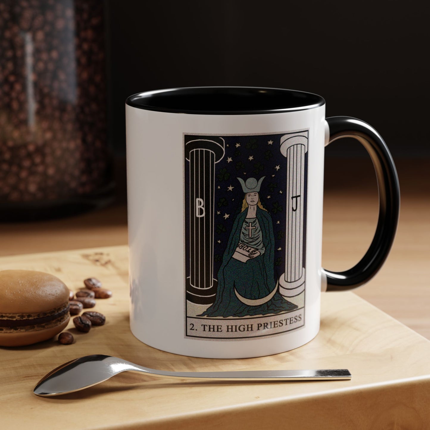 The High Priestess Tarot Card Coffee Mug - Double Sided Print, Black Accent White Ceramic, 11oz by TheGlassyLass.com
