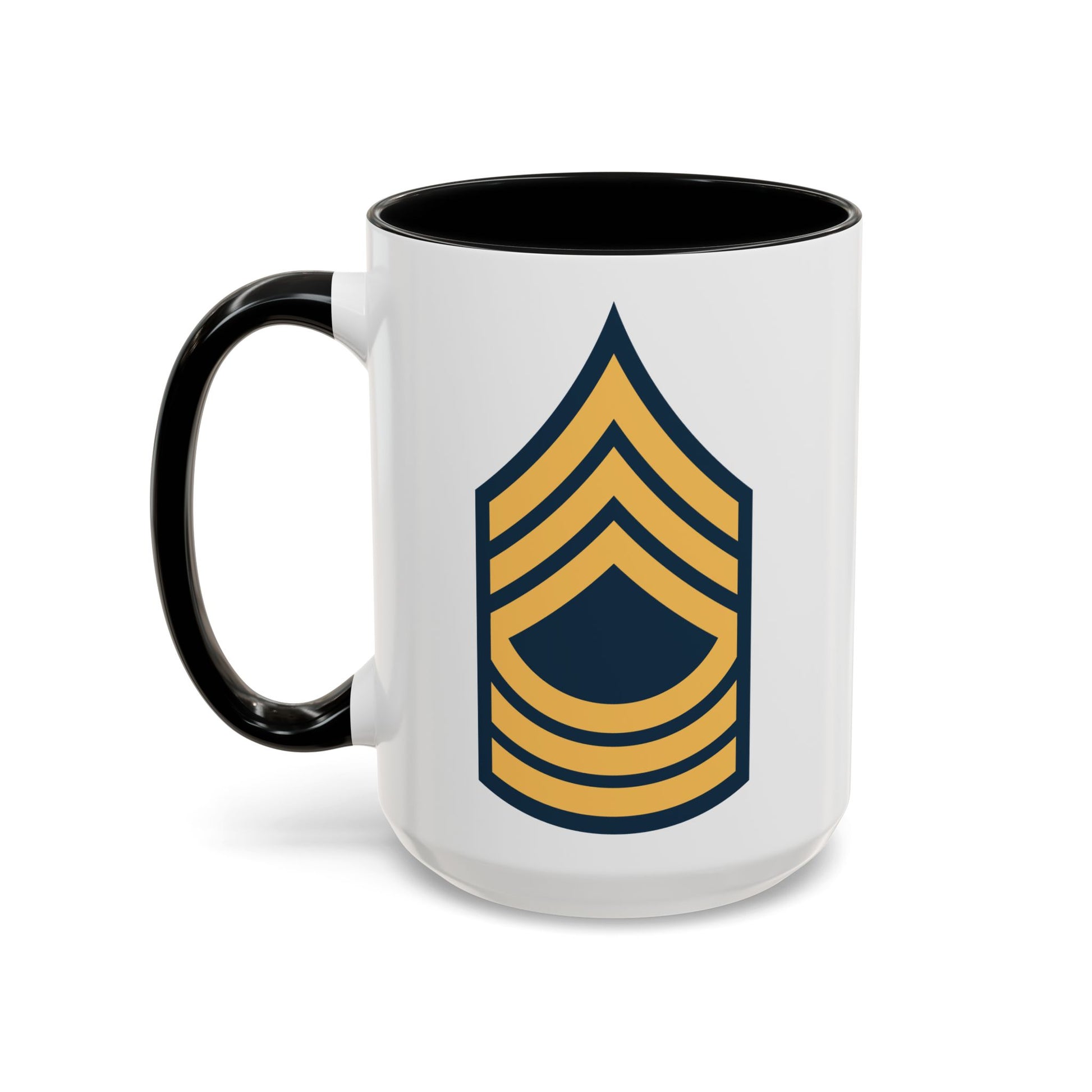 US Army Master Sergeant (E-8) Stripes Coffee Mug - Double Sided Print, Black Accent White Ceramic, 15oz by TheGlassyLass.com