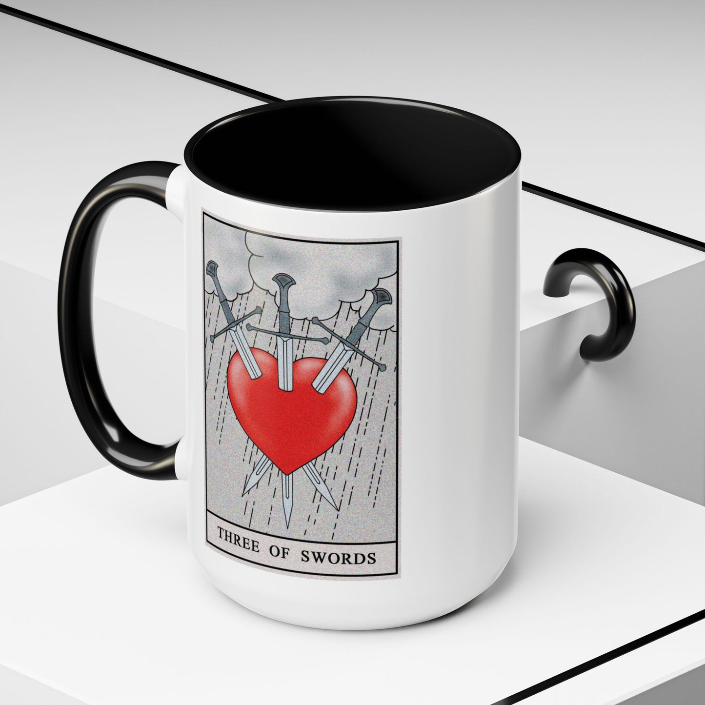 Three of Swords Tarot Card Coffee Mug - Double Sided Black Accent White Ceramic 15oz by TheGlassyLass.com