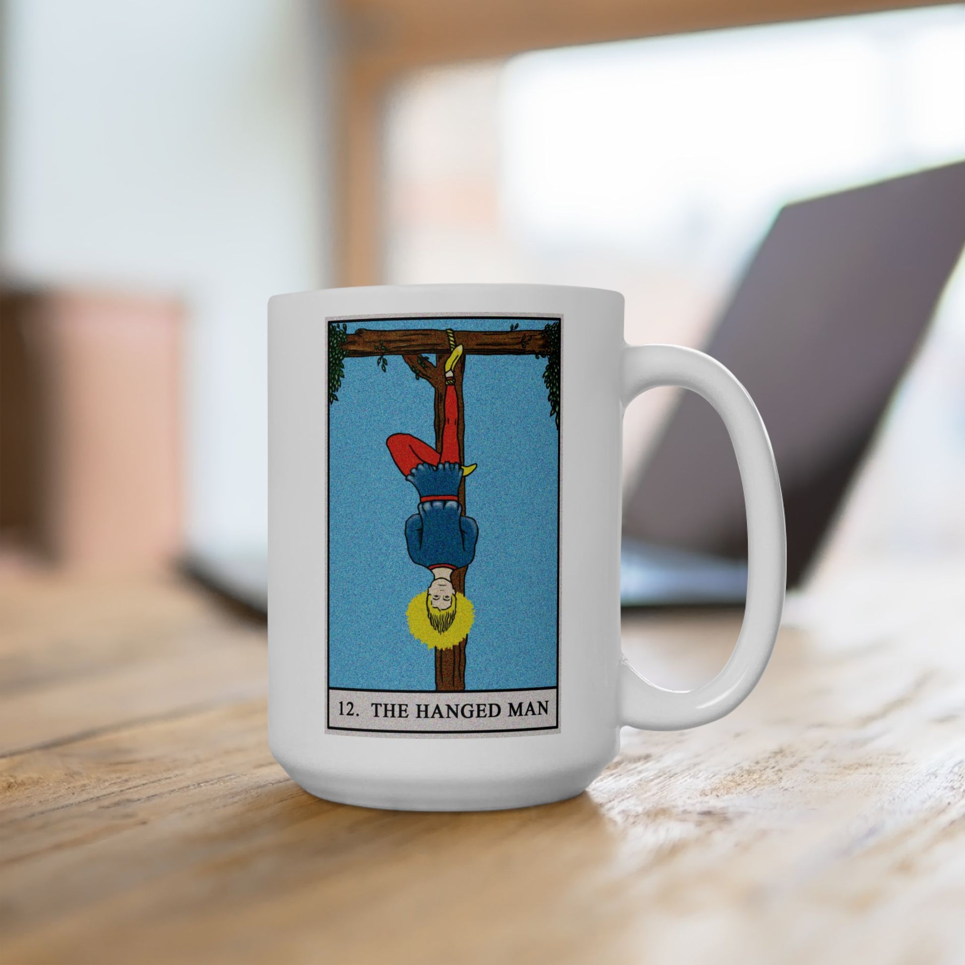 The Hanged Man Tarot Card Coffee Mug - Double Sided White Ceramic 15oz by TheGlassyLass.com