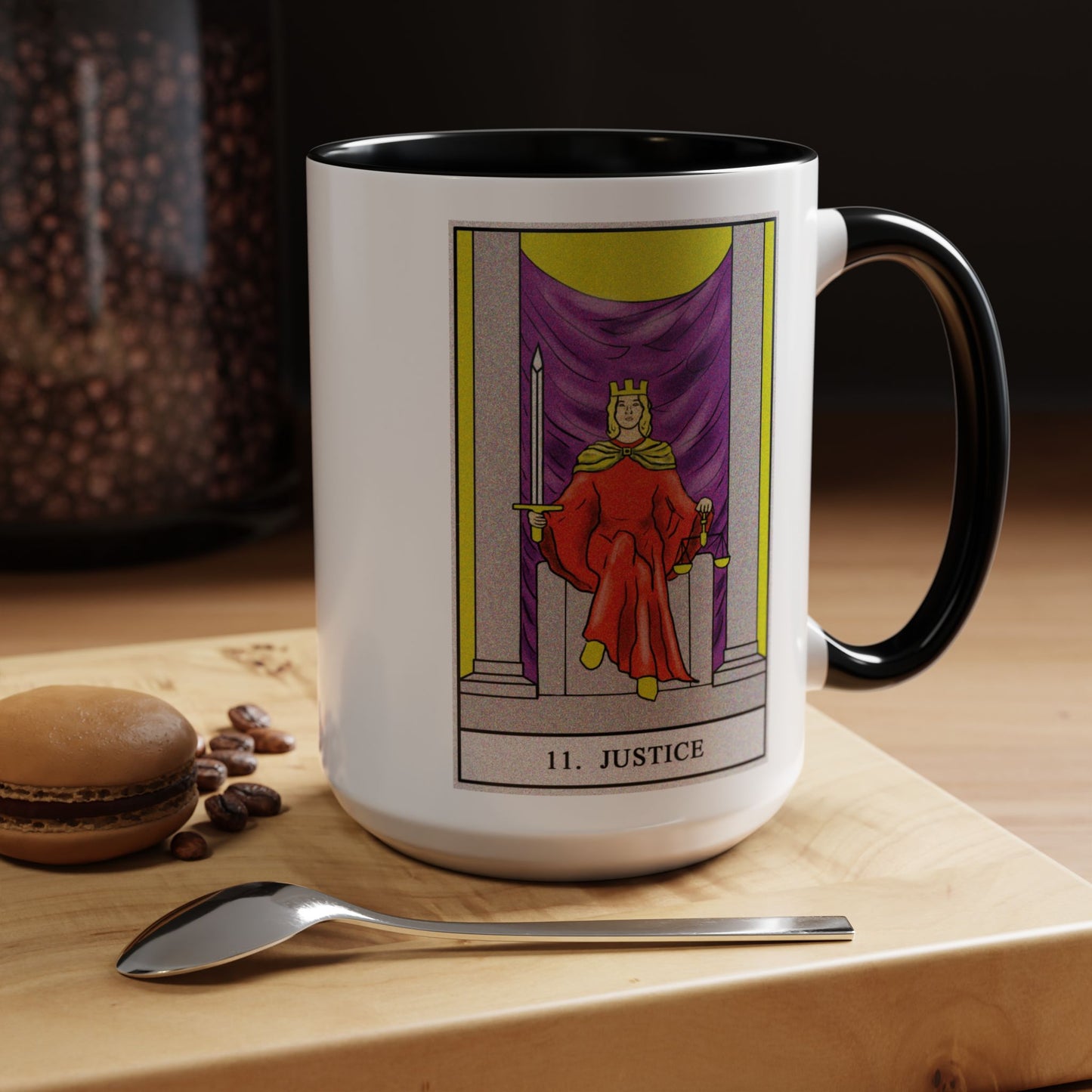 Justice Tarot Card Coffee Mug - Double Sided Black Accent White Ceramic 15oz by TheGlassyLass.com