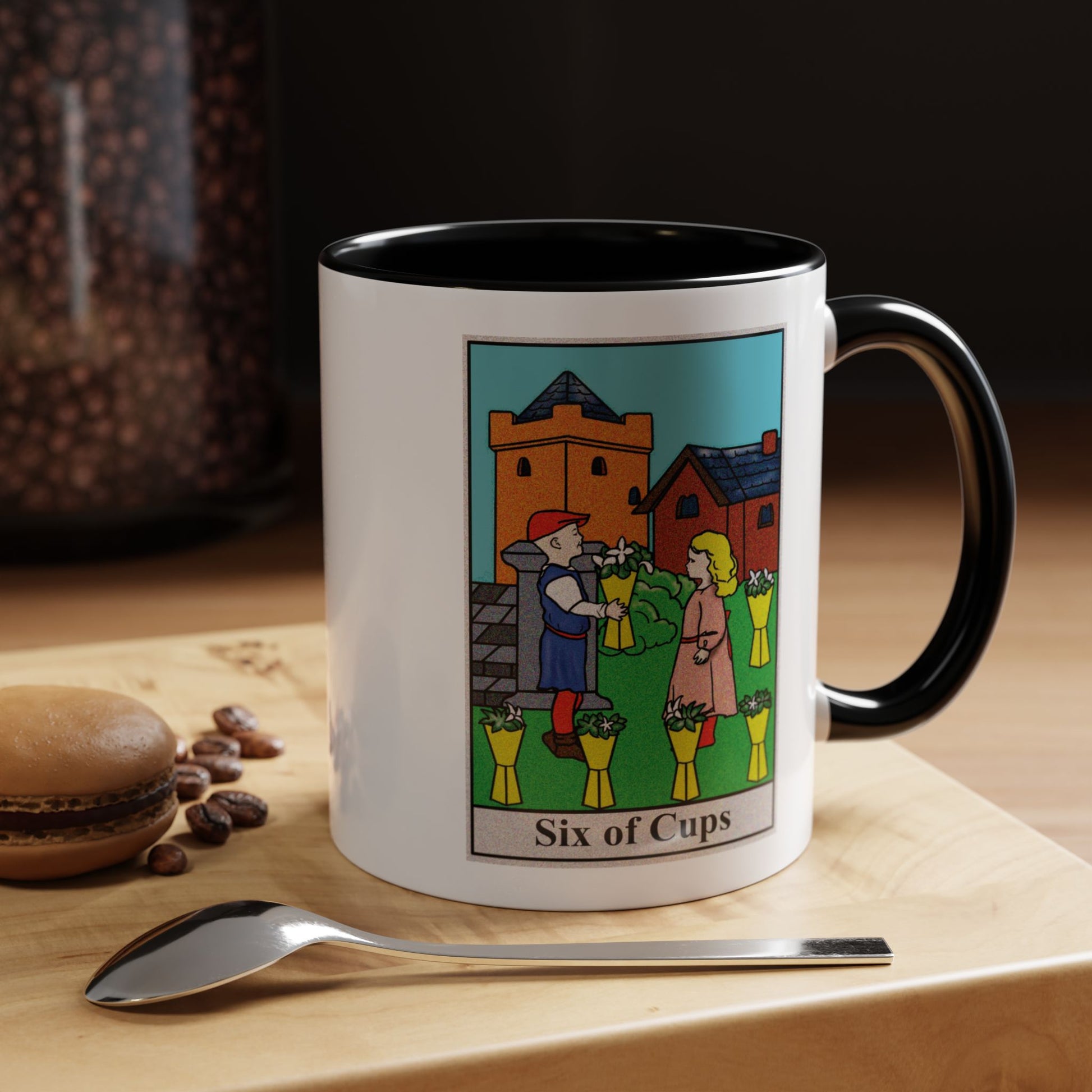 Six of Cups Tarot Card Coffee Mug - Double Sided Print, Black Accent White Ceramic, 11oz by TheGlassyLass.com