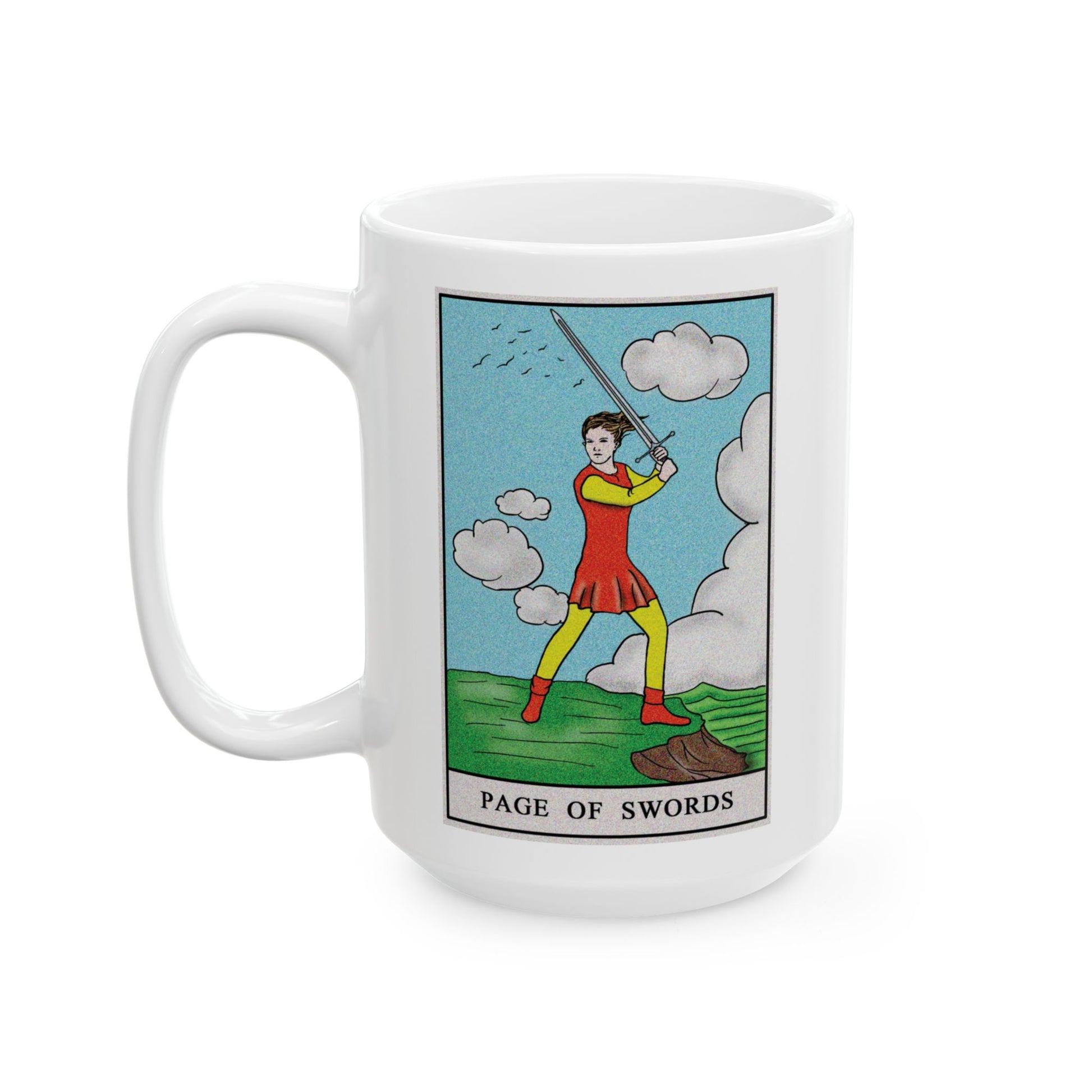 Page of Swords Tarot Card Coffee Mug - Double Sided White Ceramic 15oz by TheGlassyLass.com