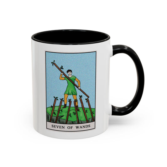 Seven of Wands Tarot Card Coffee Mug - Double Sided Print, Black Accent White Ceramic, 11oz by TheGlassyLass.com