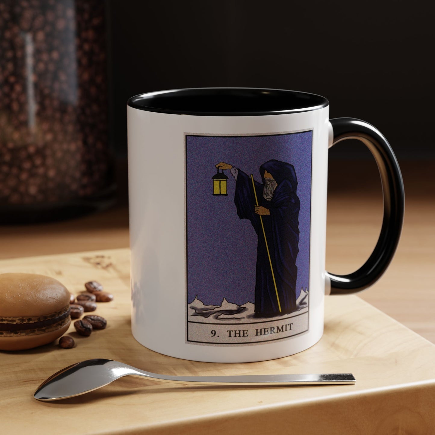 The Hermit Tarot Card Coffee Mug - Double Sided Print, Black Accent White Ceramic, 11oz by TheGlassyLass.com