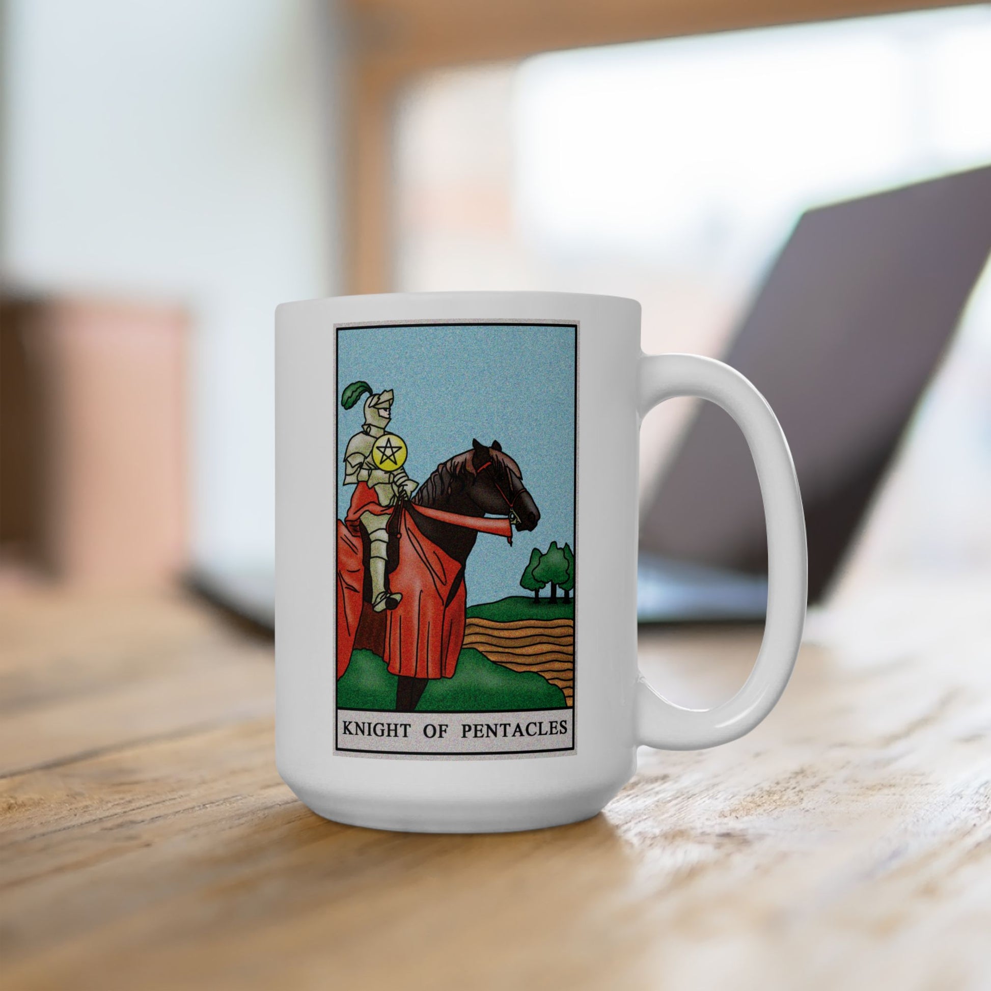 Knight of Pentacles Tarot Card Coffee Mug - Double Sided White Ceramic 15oz by TheGlassyLass.com
