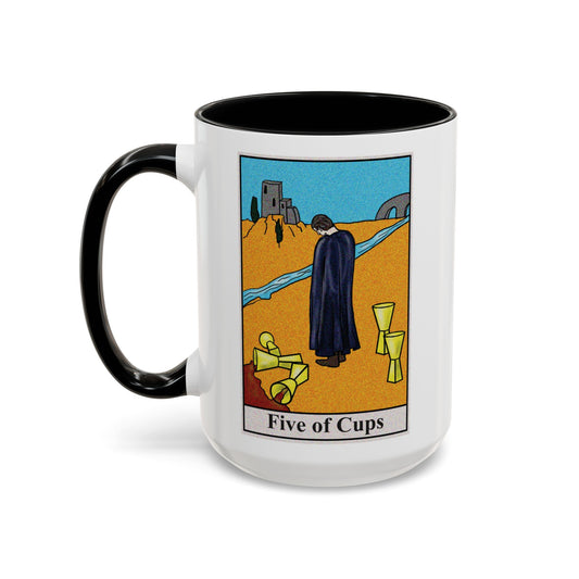 Five of Cups Tarot Card Coffee Mug - Double Sided Black Accent White Ceramic 15oz by TheGlassyLass.com