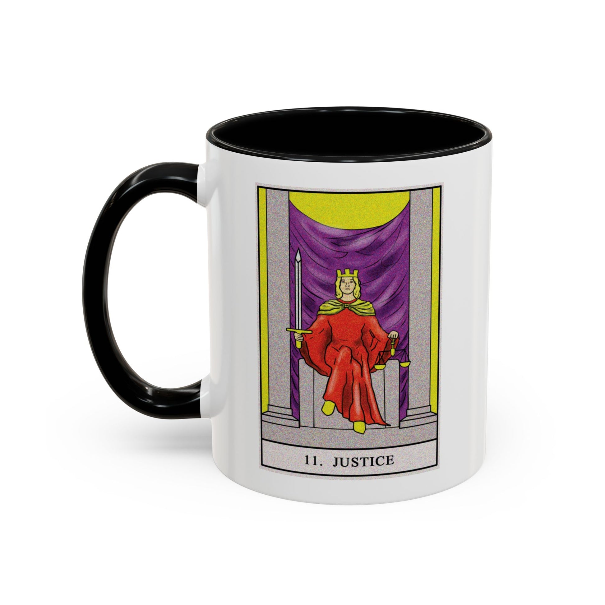 Justice Tarot Card Coffee Mug - Double Sided Print, Black Accent White Ceramic, 11oz by TheGlassyLass.com