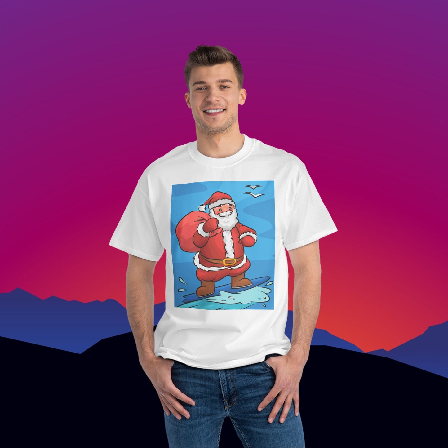 Surfing Santa in Australia Christmas T-Shirt: (Hanes Beefy-T 100% Preshrunk Cotton Custom Printed by TheGlassyLass.com