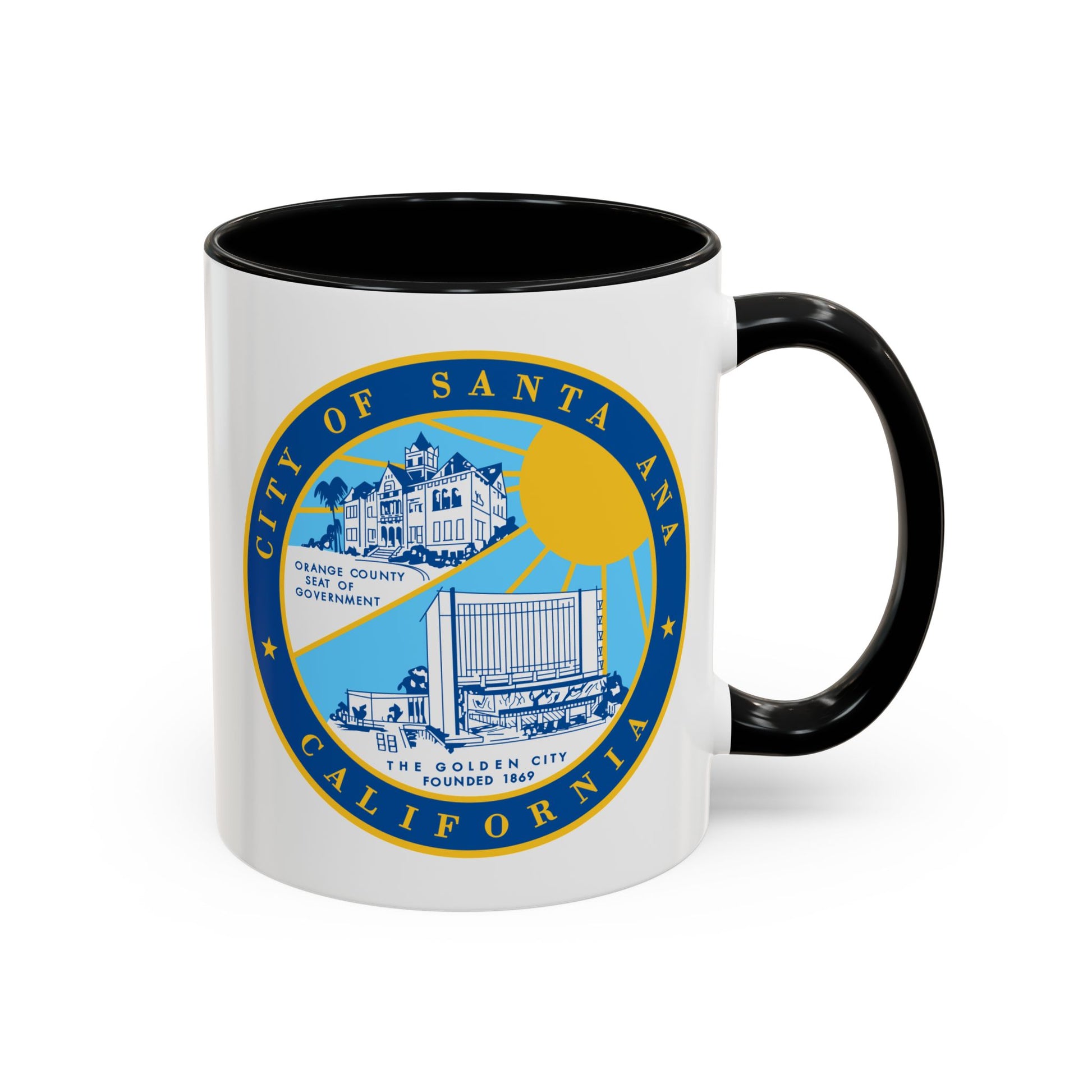 Santa Ana California Seal Coffee Mug - Double Sided Print, Black Accent White Ceramic, 11oz by TheGlassyLass.com