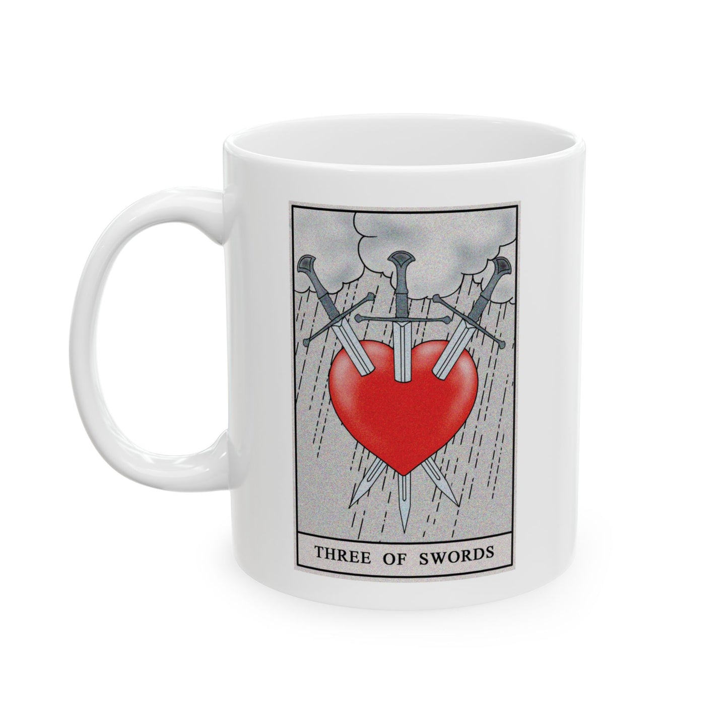 Three of Swords Tarot Card Coffee Mug - Double Sided Print, White Ceramic, 11oz by TheGlassyLass.com