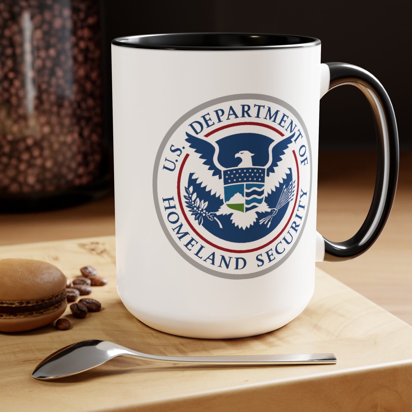 Homeland Security Coffee Mug - Double Sided Black Accent White Ceramic 15oz by TheGlassyLass.com