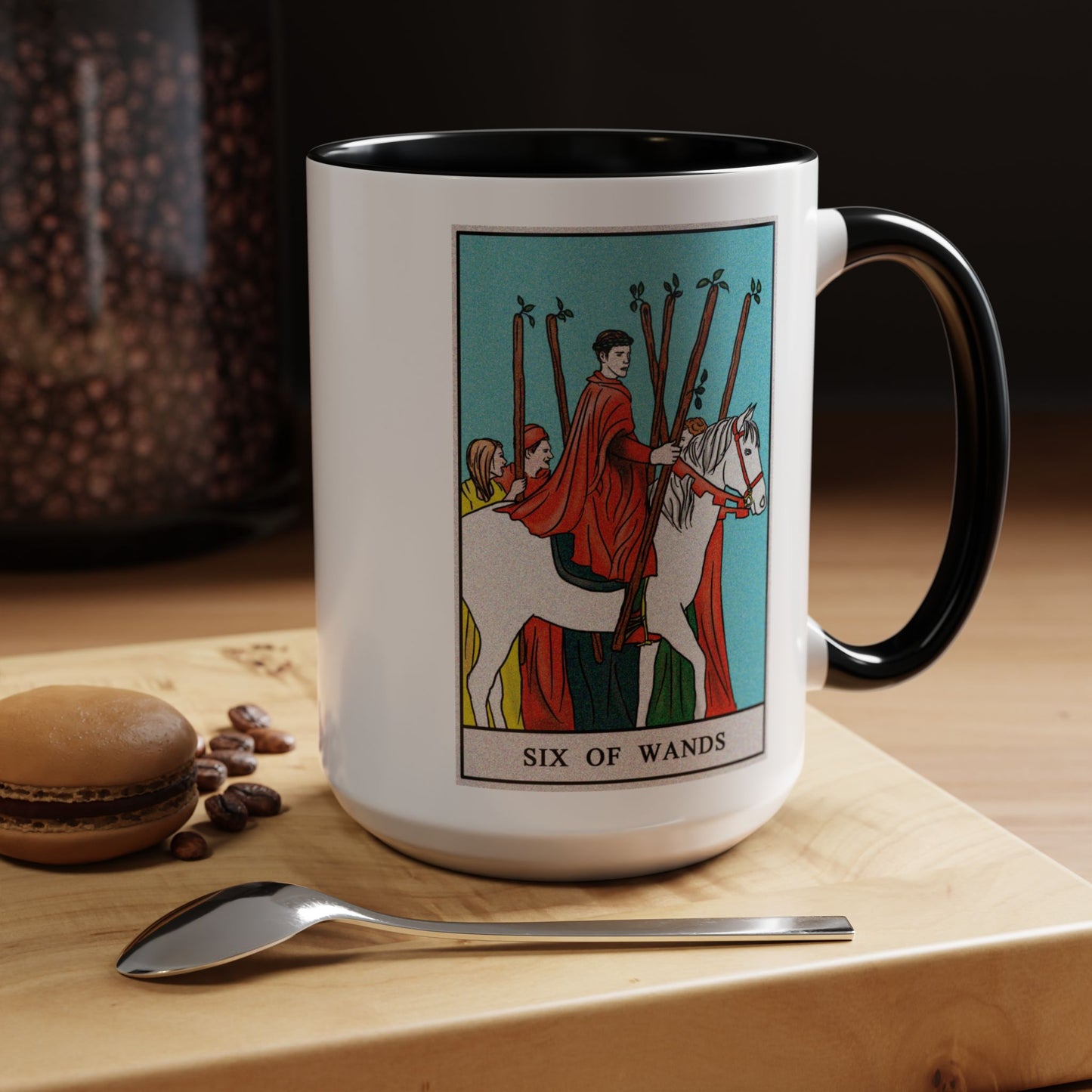 Six of Wands Tarot Card Coffee Mug - Double Sided Black Accent White Ceramic 15oz by TheGlassyLass.com
