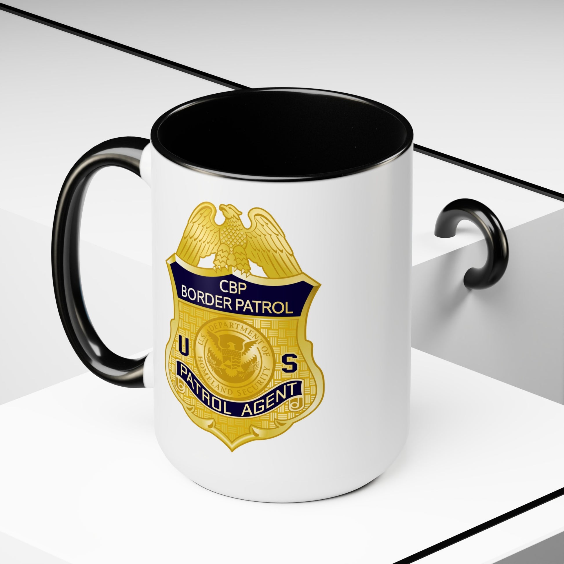 US CBP Patrol Agent Badge Coffee Mug - Double Sided Black Accent White Ceramic 15oz by TheGlassyLass.com