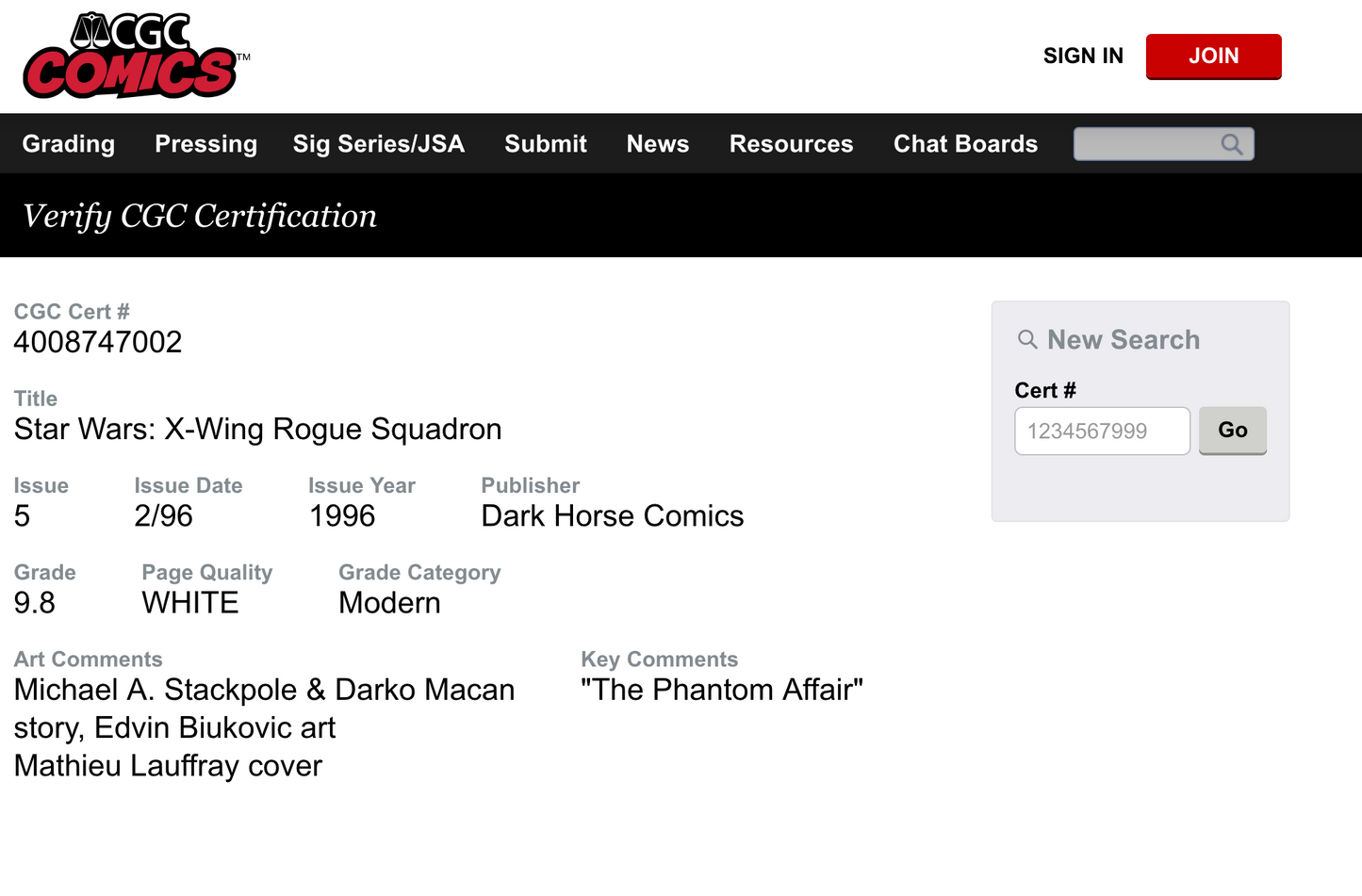 Star Wars X-Wing Rogue Squadron, "The Phantom Affair." CGC Graded 9.8 from TheGlassyLass.com