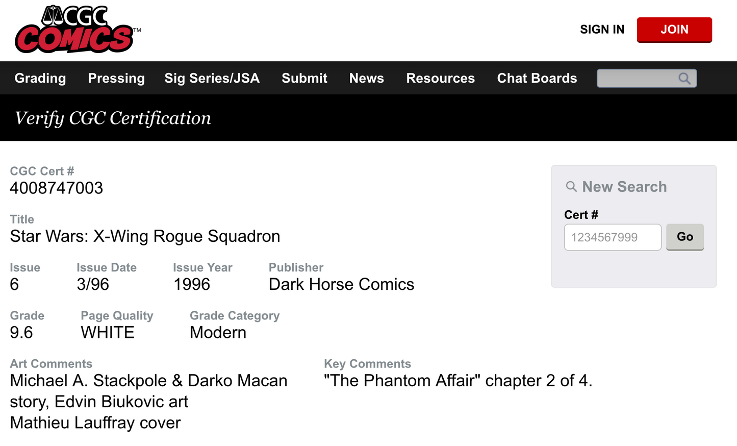 Star Wars X-Wing Squadron, "The Phantom Affair" by Dark Horse Comics. CGC Graded 9.6 offered by TheGlassyLass.com