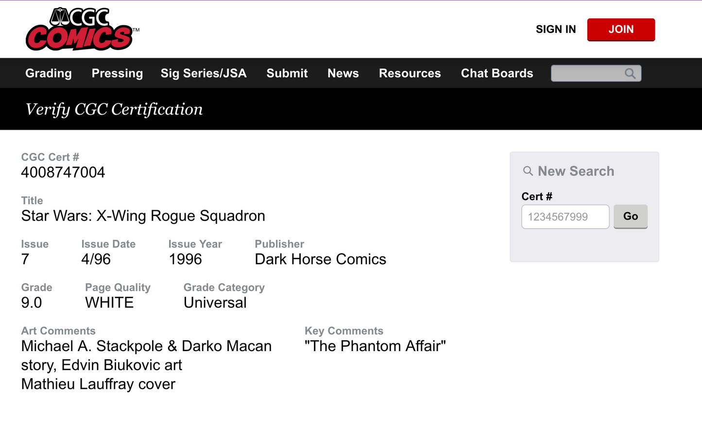 Star Wars X-Wing Rogue Squadron #7, "The Phantom Affair" by Dark Horse Comics (CGC 9.0) from TheGlassyLass.com (CGC Certification #4008747004)