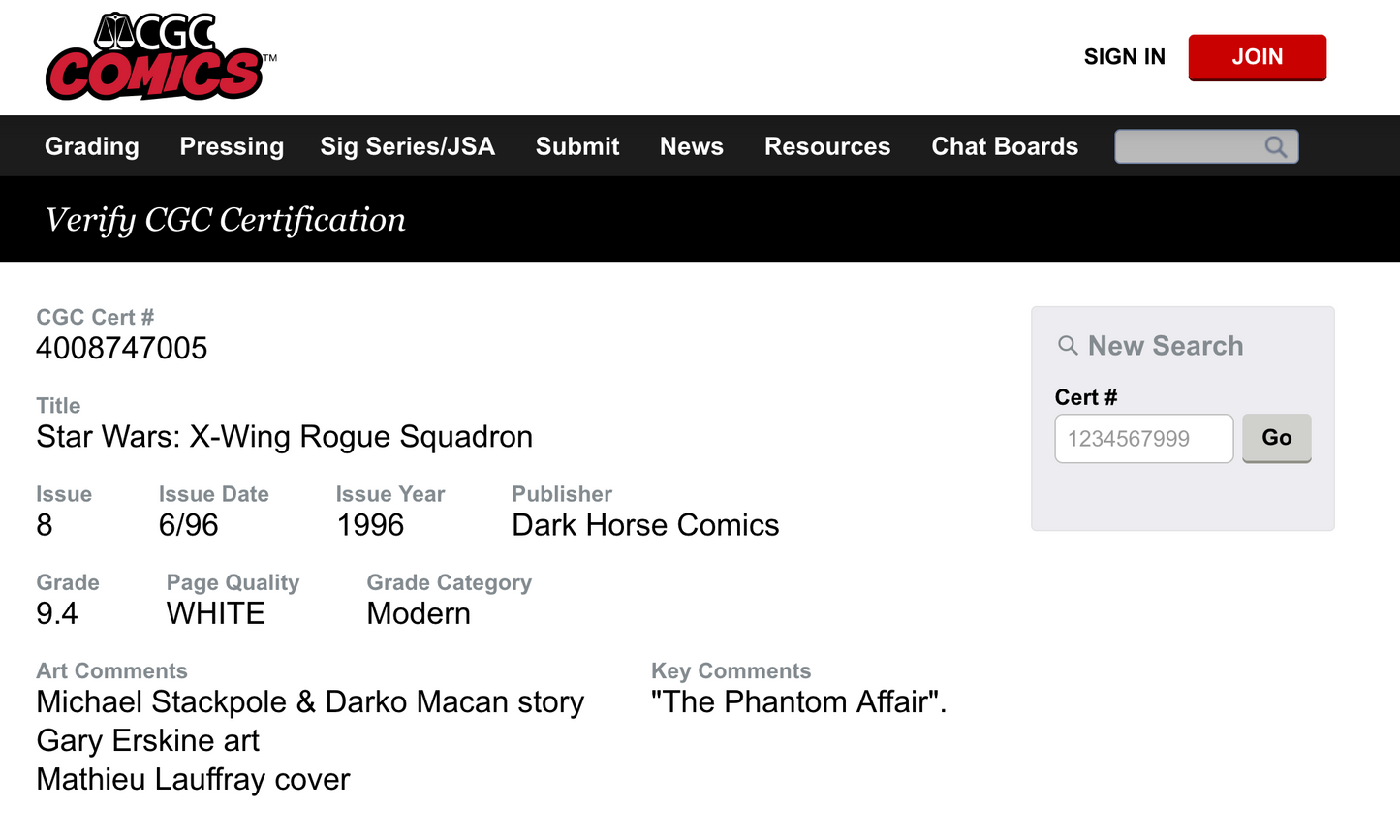 Star Wars X-Wing Squadron #8 "The Phantom Affair" by Dark Horse Comics CGC Grade 9.4 from TheGlassyLass.com (CGC Certification #4008747005)