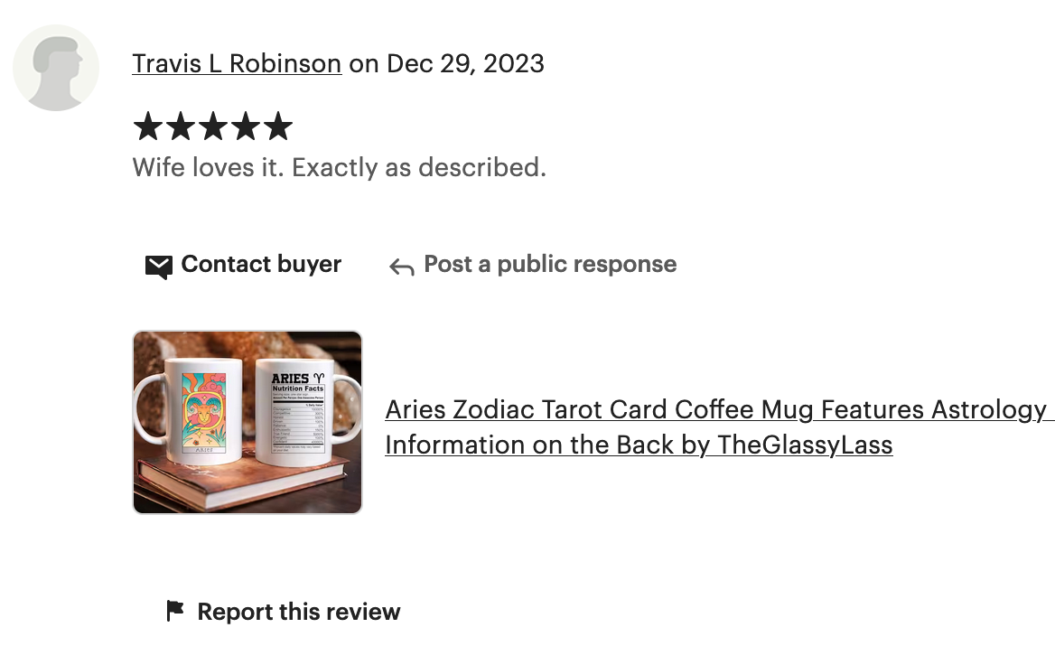 Aries Tarot Card Coffee Mug Customer Review From Verified Shopper at TheGlassyLass.com