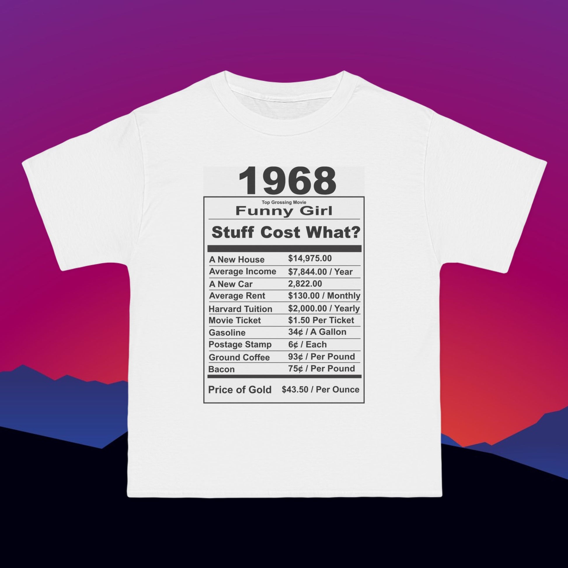 1968 Birthday T-Shirt: (Hanes Beefy-T 100% Preshrunk Cotton Custom Printed by TheGlassyLass.com