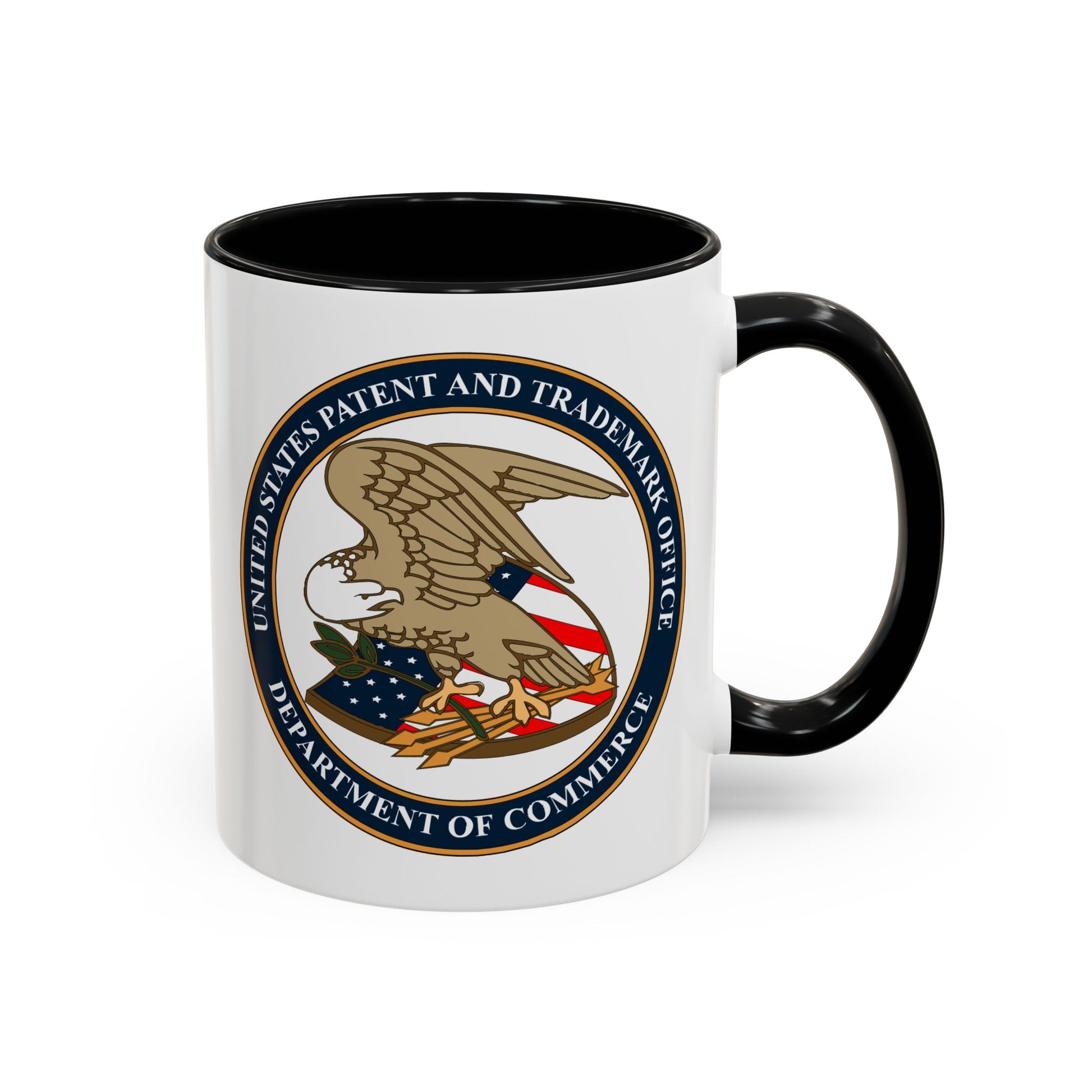 United States Patent &amp; Trademark Office Coffee Mug - Double Sided Print, Black Accent White Ceramic, 11oz by TheGlassyLass.com