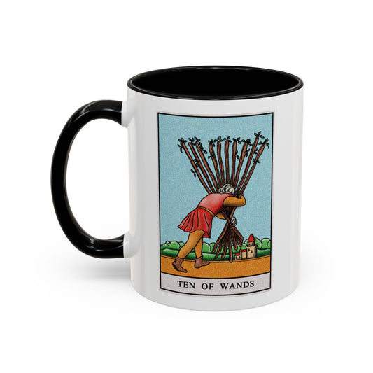 Ten of Wands Tarot Card Coffee Mug - Double Sided Print, Black Accent White Ceramic, 11oz by TheGlassyLass.com