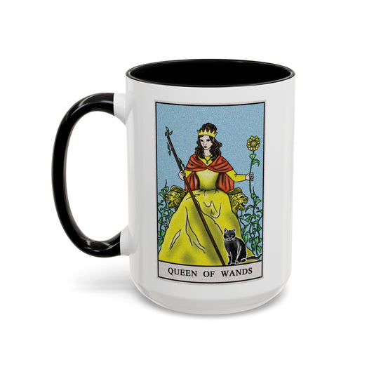 Queen of Wands Tarot Card Coffee Mug - Double Sided Black Accent White Ceramic 15oz by TheGlassyLass.com