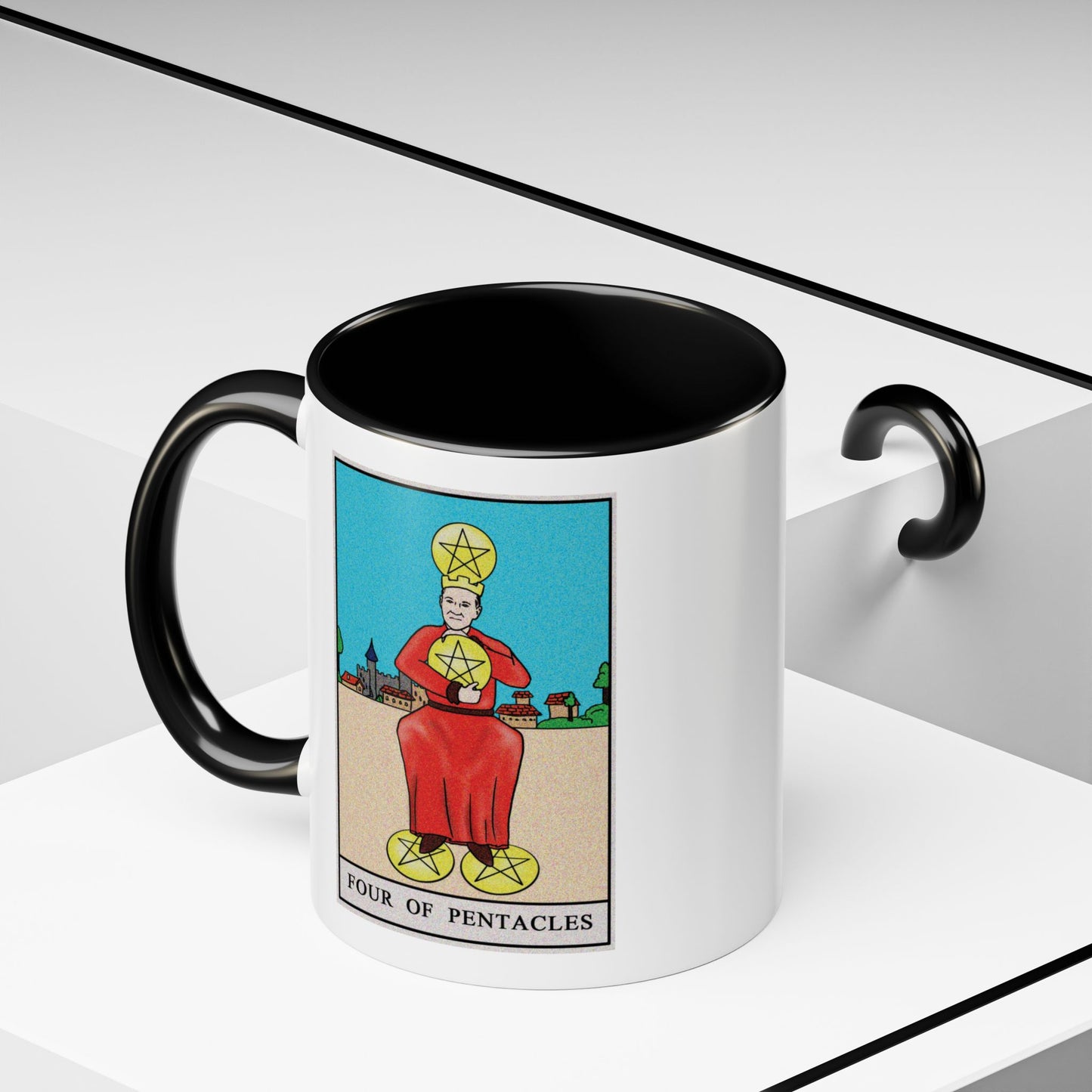 Four of Pentacles Tarot Card Coffee Mug - Double Sided Print, Black Accent White Ceramic, 11oz by TheGlassyLass.com