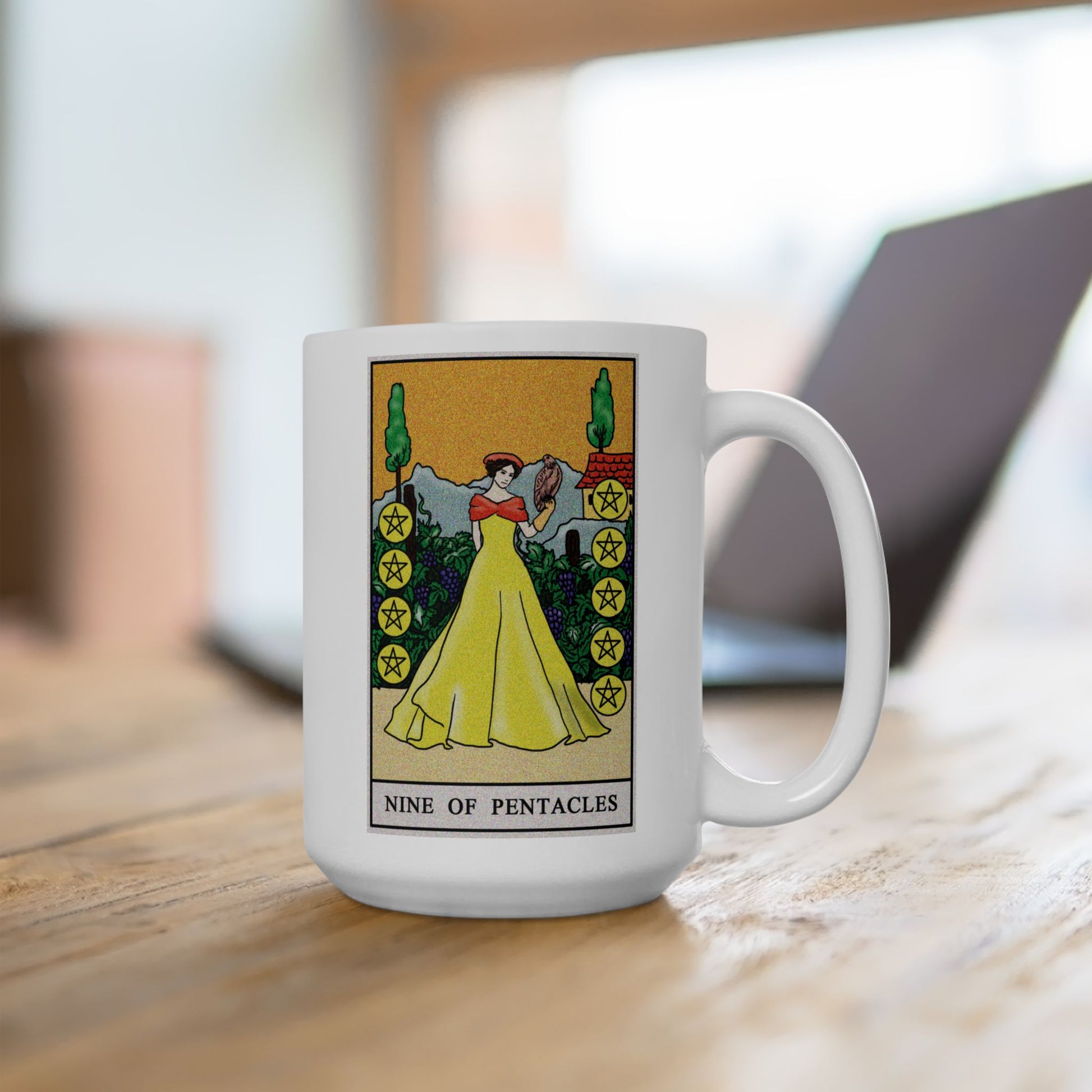 Nine of Pentacles Tarot Card Coffee Mug - Double Sided White Ceramic 15oz by TheGlassyLass.com