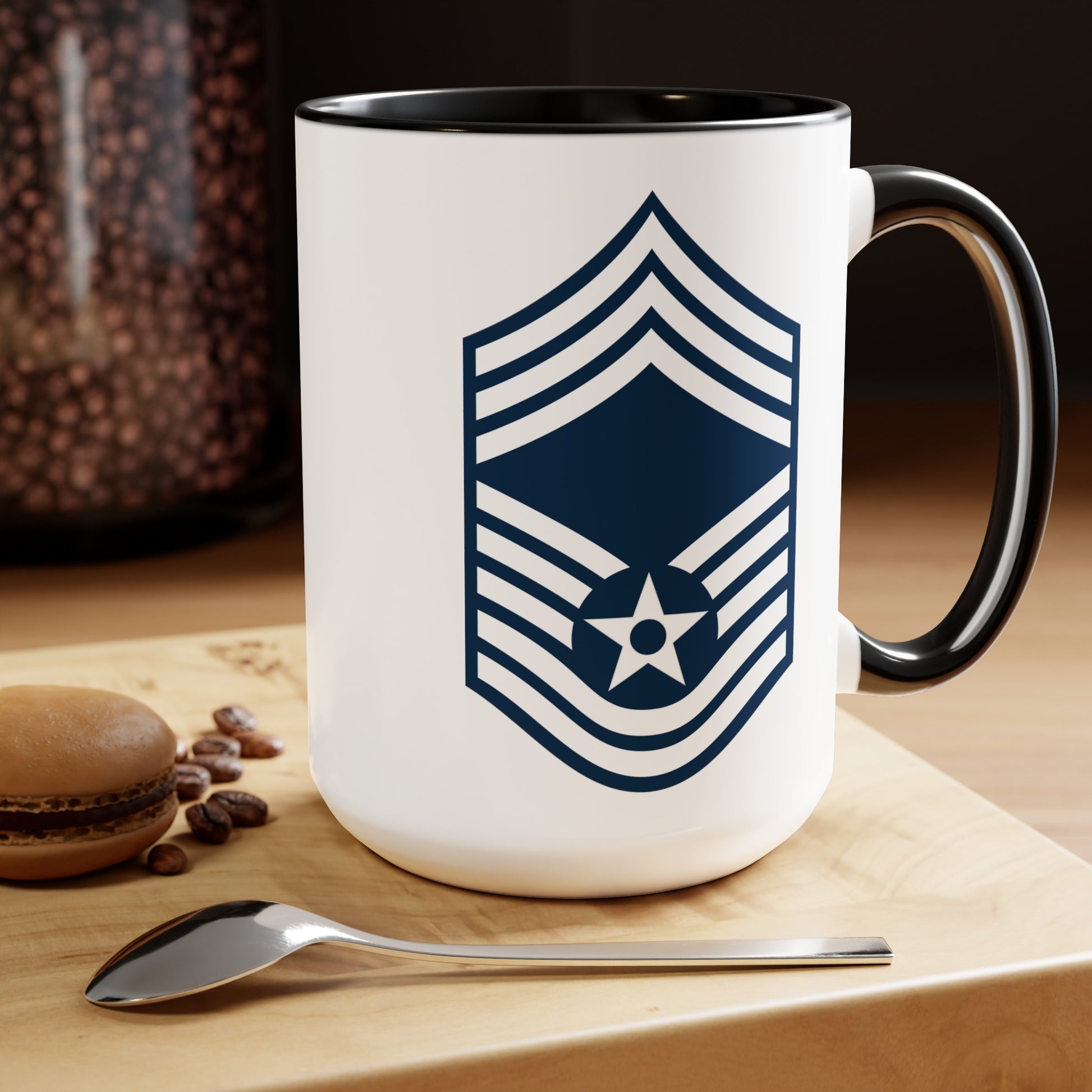 Air Force Chief Master Sergeant Stripes - Double Sided Black Accent White Ceramic Coffee Mug 15oz by TheGlassyLass.com