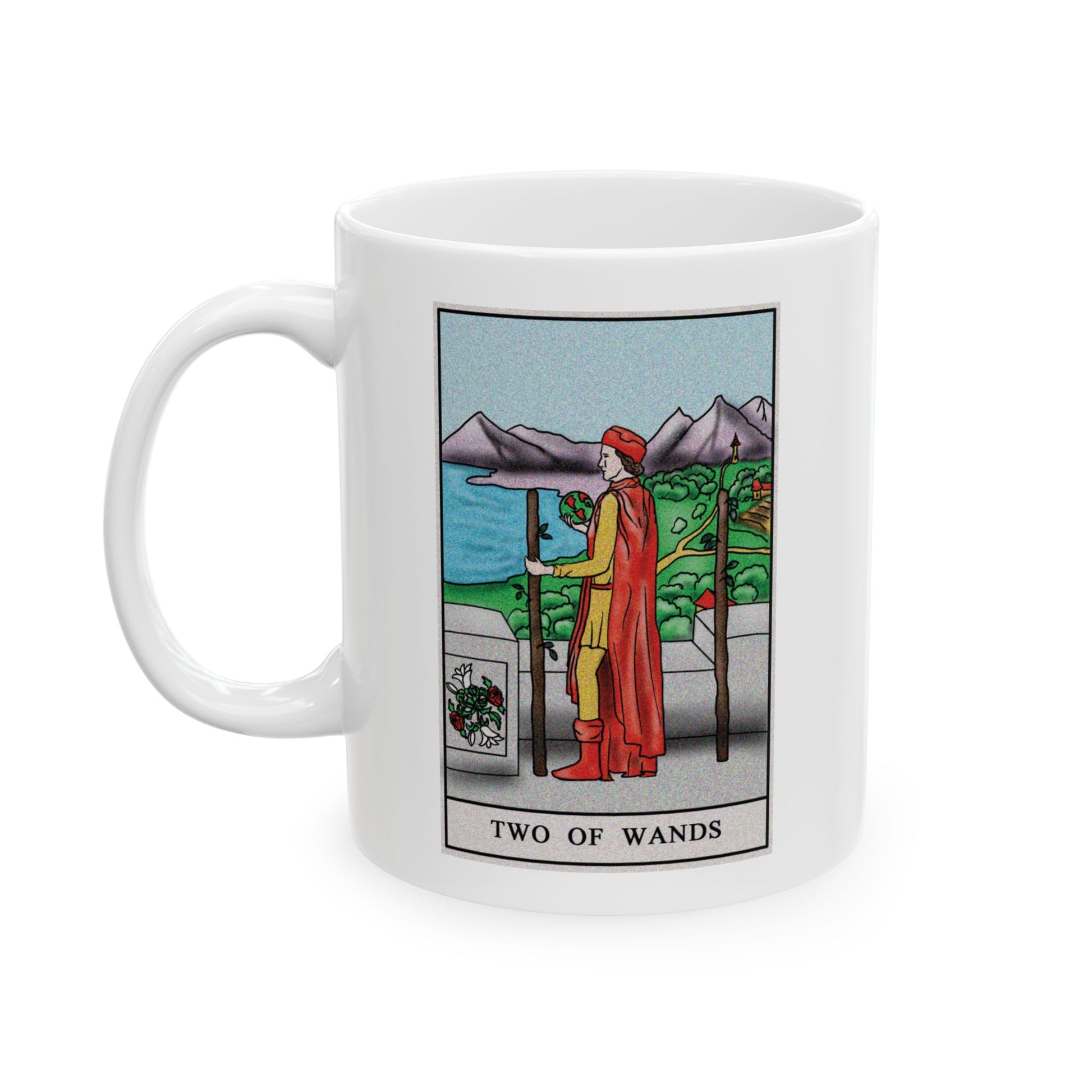 Two of Wands Tarot Card Coffee Mug - Double Sided Print, White Ceramic, 11oz by TheGlassyLass.com
