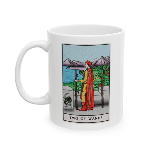 Two of Wands Tarot Card Coffee Mug - Double Sided Print, White Ceramic, 11oz by TheGlassyLass.com