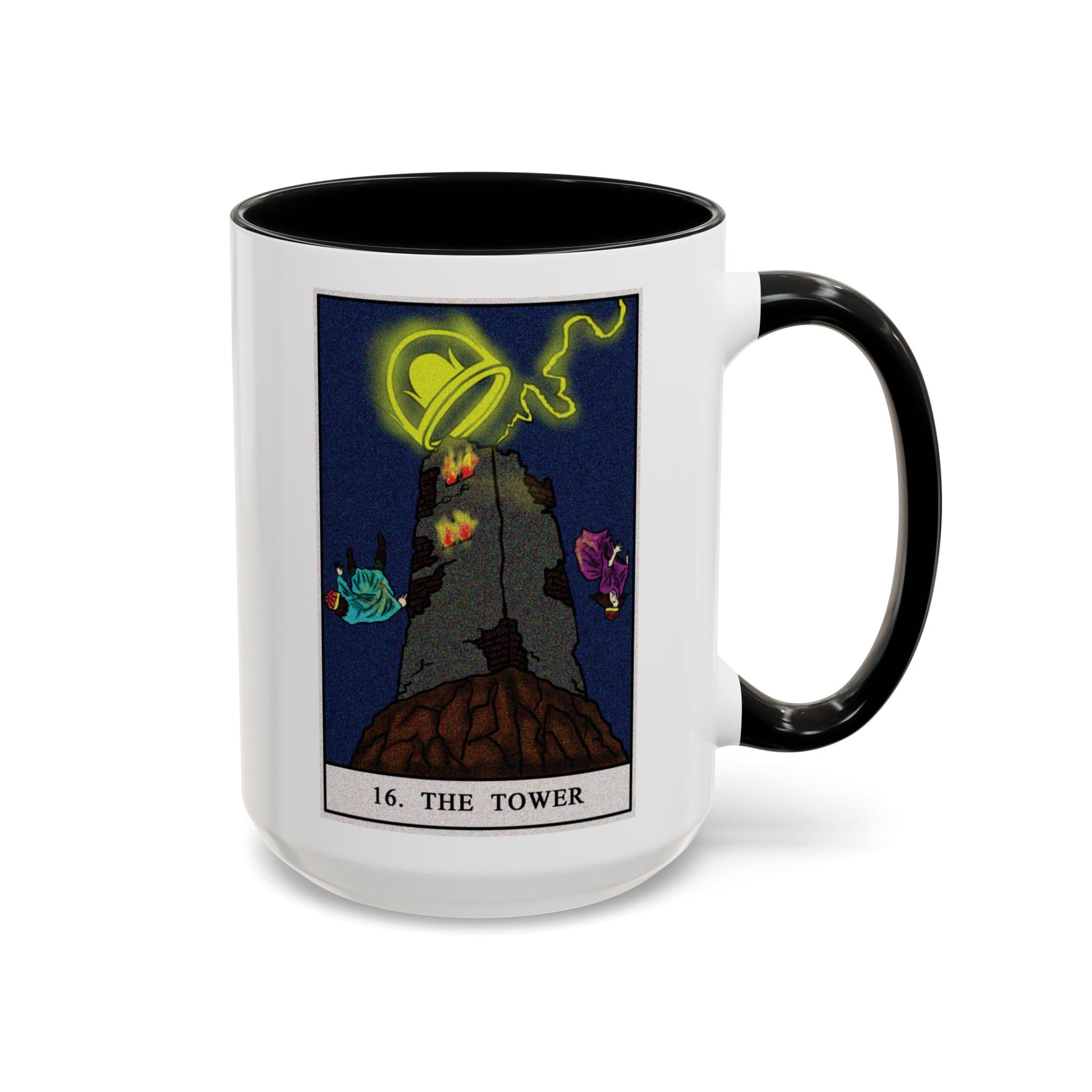 The Tower Tarot Card Coffee Mug - Double Sided Black Accent White Ceramic 15oz by TheGlassyLass.com