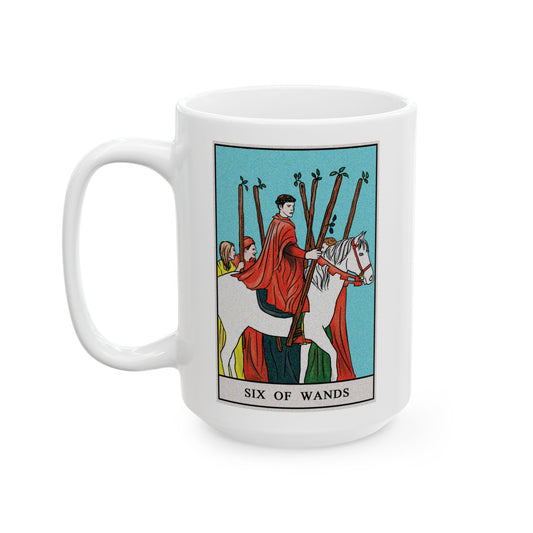 Six of Wands Tarot Card Coffee Mug - Double Sided White Ceramic 15oz by TheGlassyLass.com