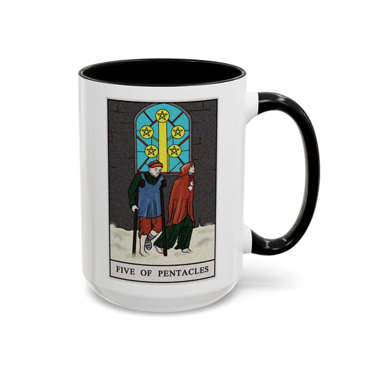 Five of Pentacles Tarot Card Coffee Mug - Double Sided Black Accent White Ceramic 15oz by TheGlassyLass.com