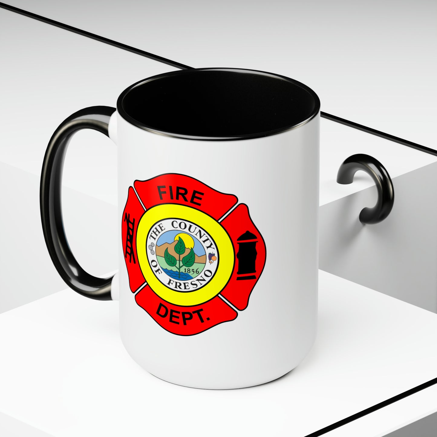 Fresno Fire Department Coffee Mug - Double Sided Black Accent White Ceramic 15oz by TheGlassyLass.com