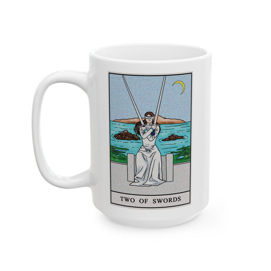 Two of Swords Tarot Card Coffee Mug - Double Sided White Ceramic 15oz by TheGlassyLass.com