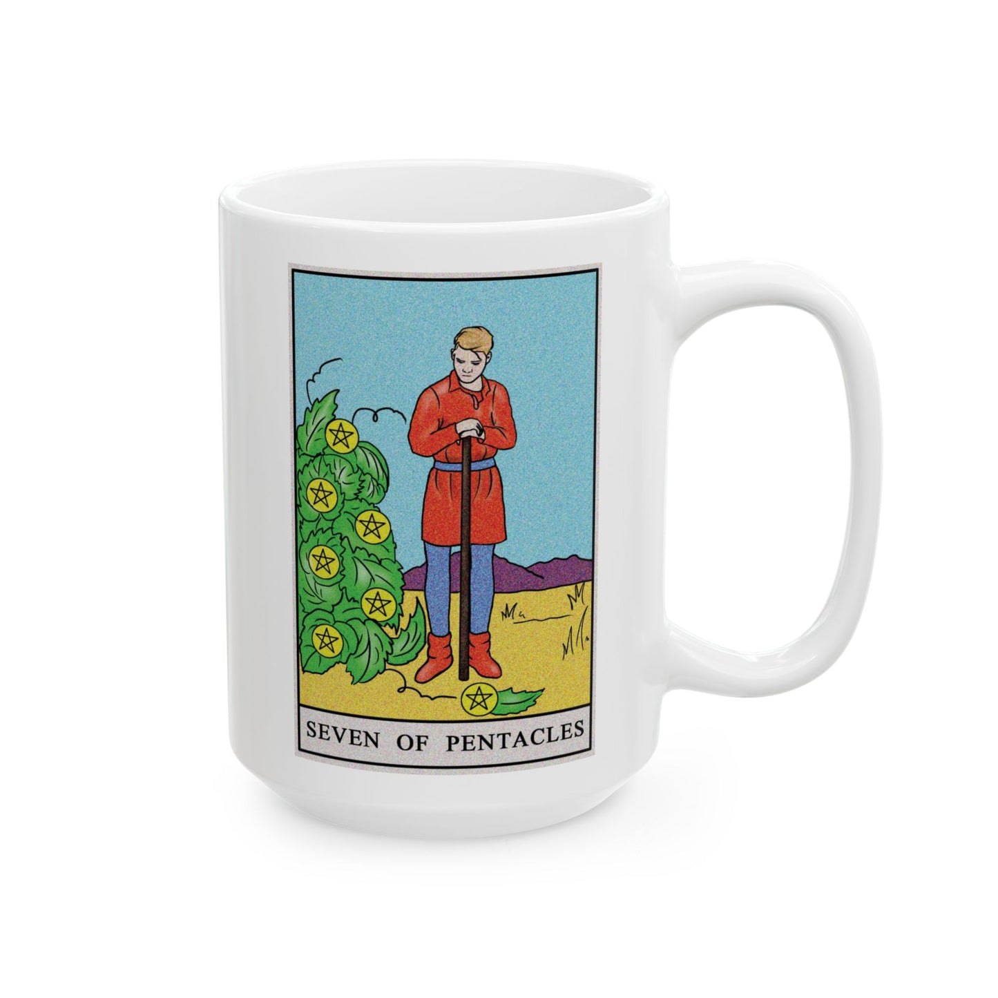 ﻿Seven of Pentacles Tarot Card Coffee Mug - Double Sided White Ceramic 15oz by TheGlassyLass