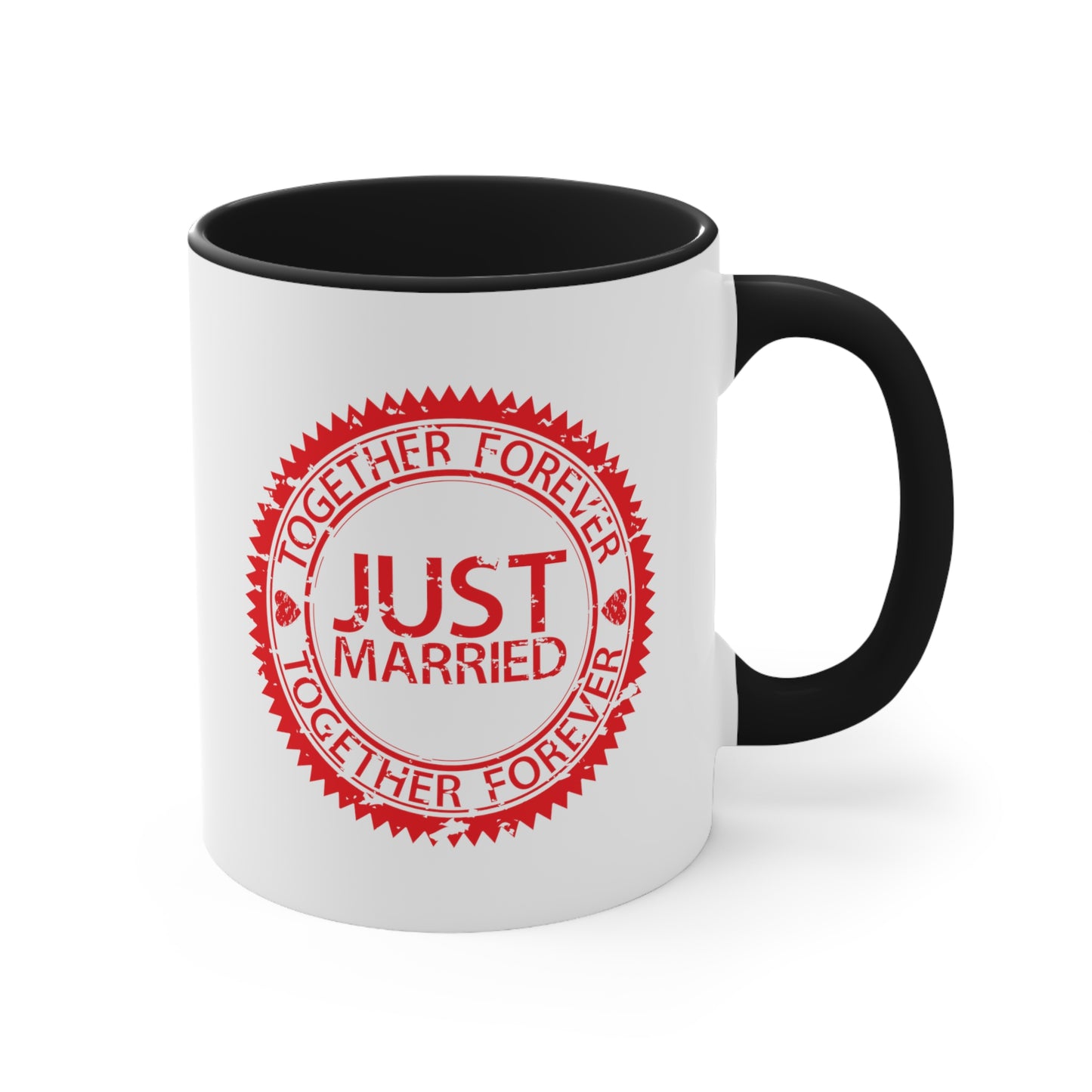 Just Married Coffee Mug - Double Sided Black Accent White Ceramic 11oz by TheGlassyLass.com