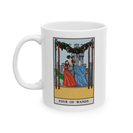 Four of Wands of Wands Tarot Card Coffee Mug - Double Sided Print, White Ceramic, 11oz by TheGlassyLass.com